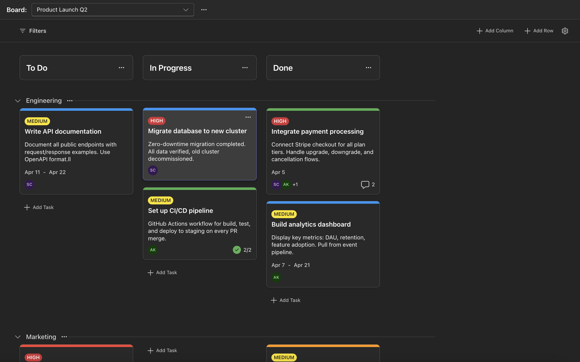 Kanban board in dark mode
