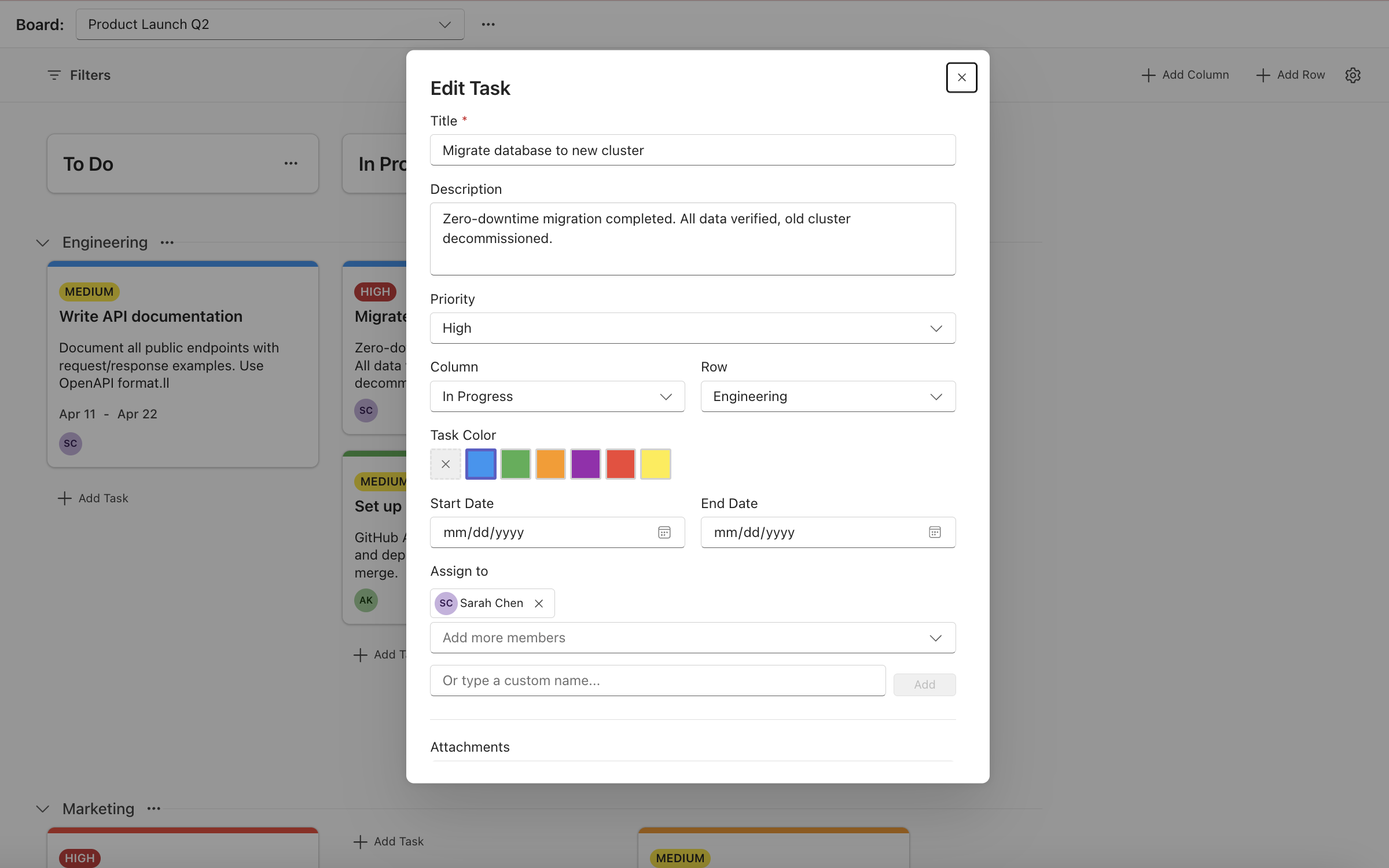 Task editing dialog with assignees, priority, dates, and color options